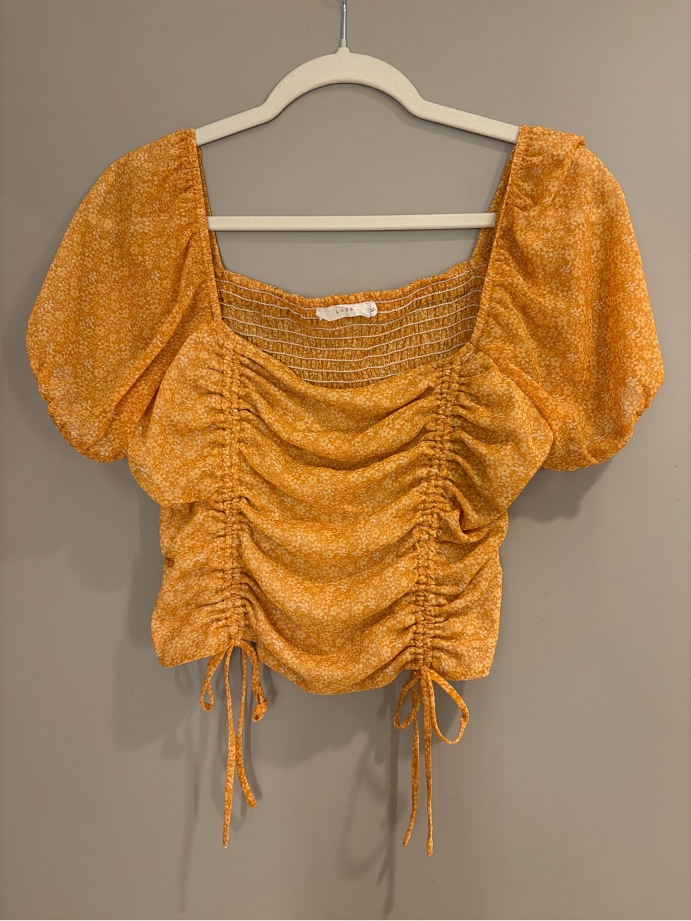 Lush Golden Yellow Floral Ruched Puff Sleeve Crop Top
